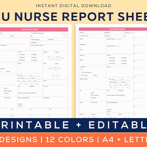 ICU Report Sheet |  Nurse Brain Sheet | Hourly Shift Organizer | Critical Care Nurse Handoff Report Sheet | Printable Template