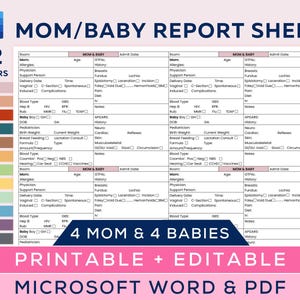 Hoja de informe de enfermería para madres y bebés, 4 madres y 4 bebés, Hoja de informe de obstetricia, Posparto, Traspaso, Parto, Microsoft Word editable, PDF