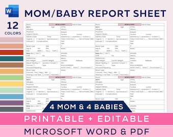 Hoja de informe de enfermería para madres y bebés, 4 madres y 4 bebés, Hoja de informe de obstetricia, Posparto, Traspaso, Parto, Microsoft Word editable, PDF