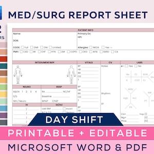 May include: A printable and editable medical/surgical report sheet in Microsoft Word and PDF format. The sheet includes sections for patient information, vitals, labs, and a day shift header. The design features a white background with pink and blue accents.