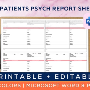 Psych Nurse Report Sheet for 4 patients, Psych Nurse Brain, Nursing Organizer, Psych RN/LPN/PMHNP, Psych Nurse Notes, Microsoft Word