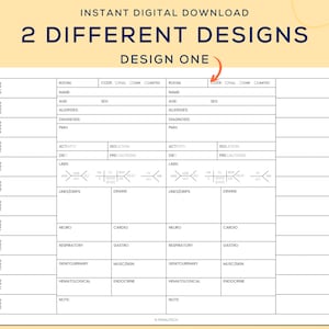 May include: A printable medical chart template with two different designs. The first design includes sections for patient information, vital signs, labs, medications, and a note section. The second design includes sections for patient information, vital signs, labs, medications, and a note section.
