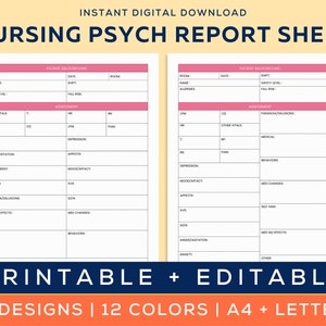 Nursing Psych Report Sheet, Psych/Mental Health Nurse Organizer, Psych RN/LPN/PMHNP, Nurse resources, Patient Reporting Template, A4-Letter image 1