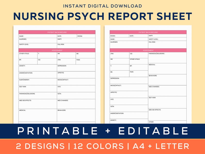 Nursing Psych Report Sheet, Psych/Mental Health Nurse Organizer, Psych RN/LPN/PMHNP, Nurse resources, Patient Reporting Template, A4-Letter image 1