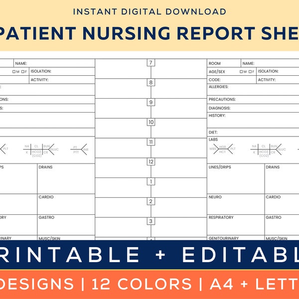 Printable 2 Patient Nursing Report Sheet | with Hourly Layout | Nurse Brain for Med Surg | SBAR RN Handoff | Nursing Student | nursing gifts