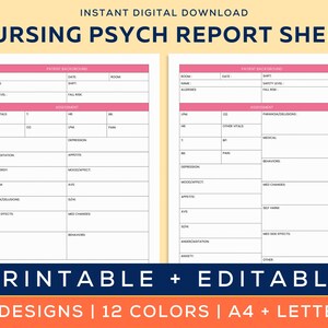 Nursing Psych Report Sheet, Psych/Mental Health- Nurse Organizer, Psych RN/LPN/PMHNP, Nurse resources, Patient Reporting Template, A4-Letter
