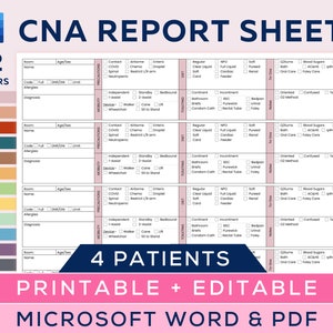 CNA Shift Report Sheet, Cna Brain Sheet for 4 Patients, Certified Nursing Assistant, Nurse Tech, CNA Shift Planner, Microsoft Word, PDF