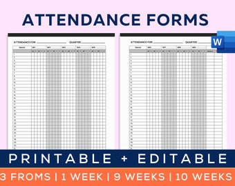 Attendance Forms for Teachers, Attendance Tracker, School Attendance, Weekly Attendance Chart, Absence Tracker, EDITABLE with Microsoft Word