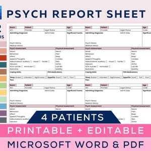 Psych Nurse Report Sheet for 4 patients, Psych/Mental Health, Psychiatric Nurse Brain, Behavioral Health Nurse, Editable Microsoft Word, PDF