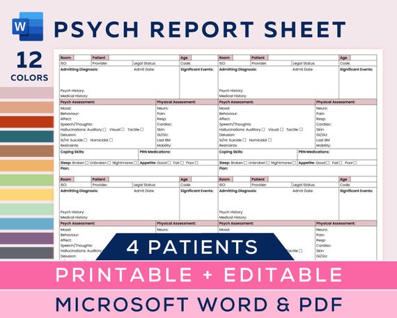 Psych Nurse Report Sheet for 4 patients, Psych/Mental Health, Psychiatric Nurse Brain, Behavioral Health Nurse, Editable Microsoft Word, PDF