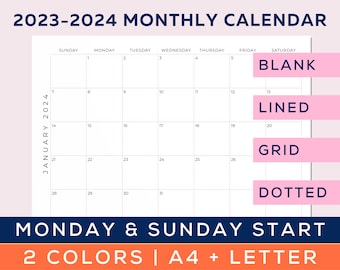 2023 2024 Panorama del calendario mensual, planificador de años, plantilla de calendario imprimible, calendarios mensuales alineados, inicio de lunes y domingo, A4 / Carta