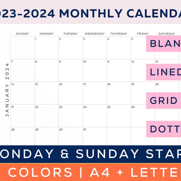 2023 2024 Monthly Calendar Landscape, Year Planner, Printable Calendar Template, Lined Monthly Calendars, Monday & Sunday Start, A4/Letter