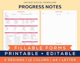 Voortgangsnotities voor therapeuten, voortgangsnota van de cliënt, afdrukbare, invulbare en bewerkbare sjabloon, counseling, therapietool, sociale SOAP-notitie