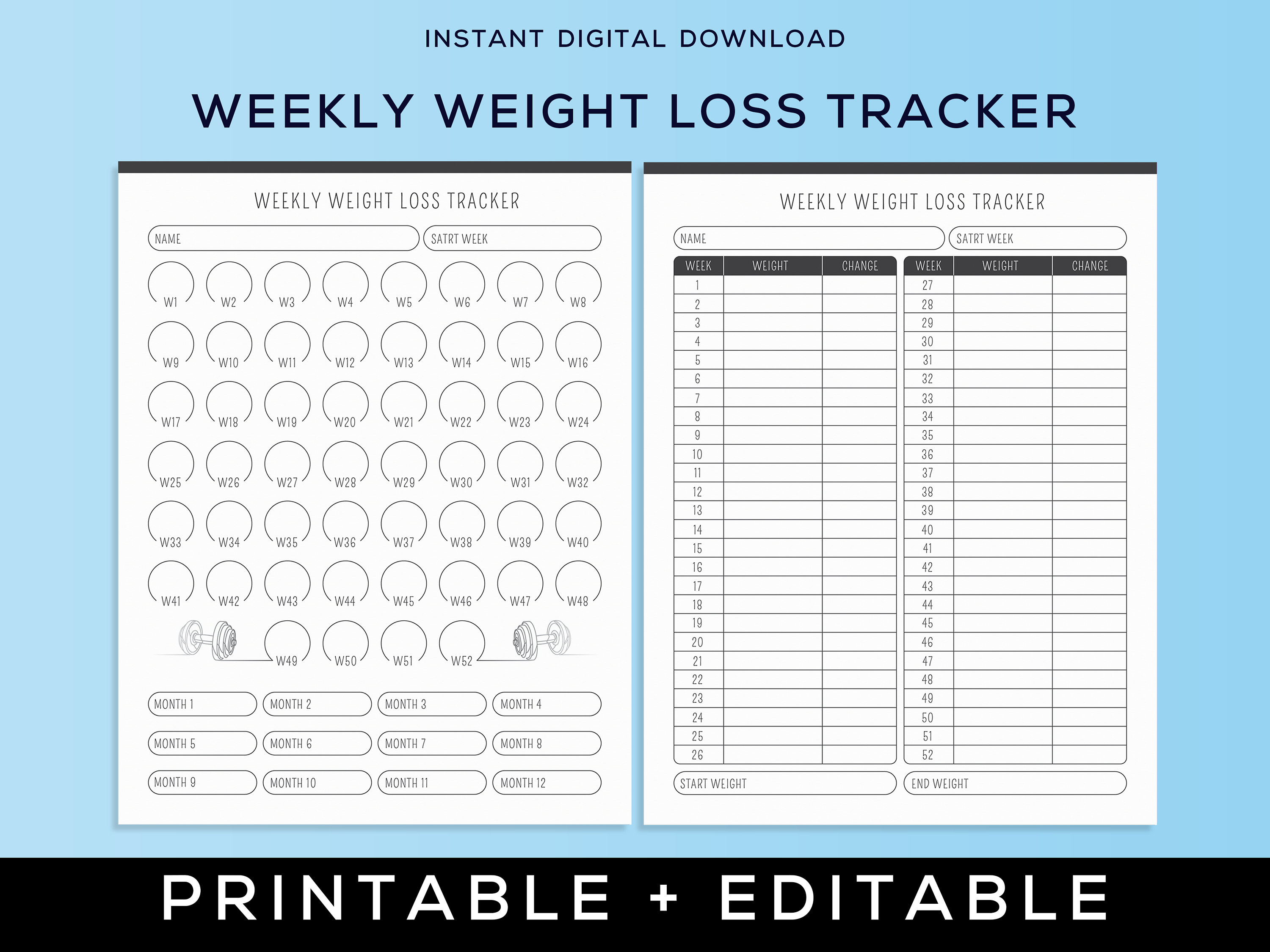 Printable Weekly Weight Loss Tracker | Digital Weight Loss Chart ...