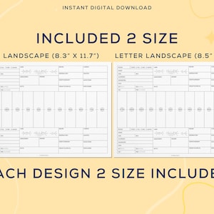 May include: Two printable planner pages in landscape orientation. The pages are designed for scheduling and include columns for time, tasks, notes, and other information. The pages are available in two sizes: A4 (8.3 inches by 11.7 inches) and Letter (8.5 inches by 11 inches).