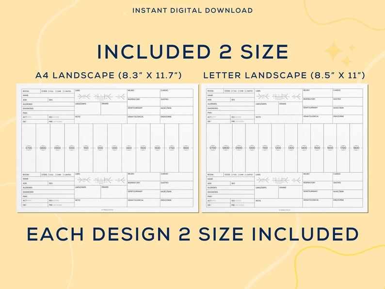 May include: Two printable planner pages in landscape orientation. The pages are designed for scheduling and include columns for time, tasks, notes, and other information. The pages are available in two sizes: A4 (8.3 inches by 11.7 inches) and Letter (8.5 inches by 11 inches).