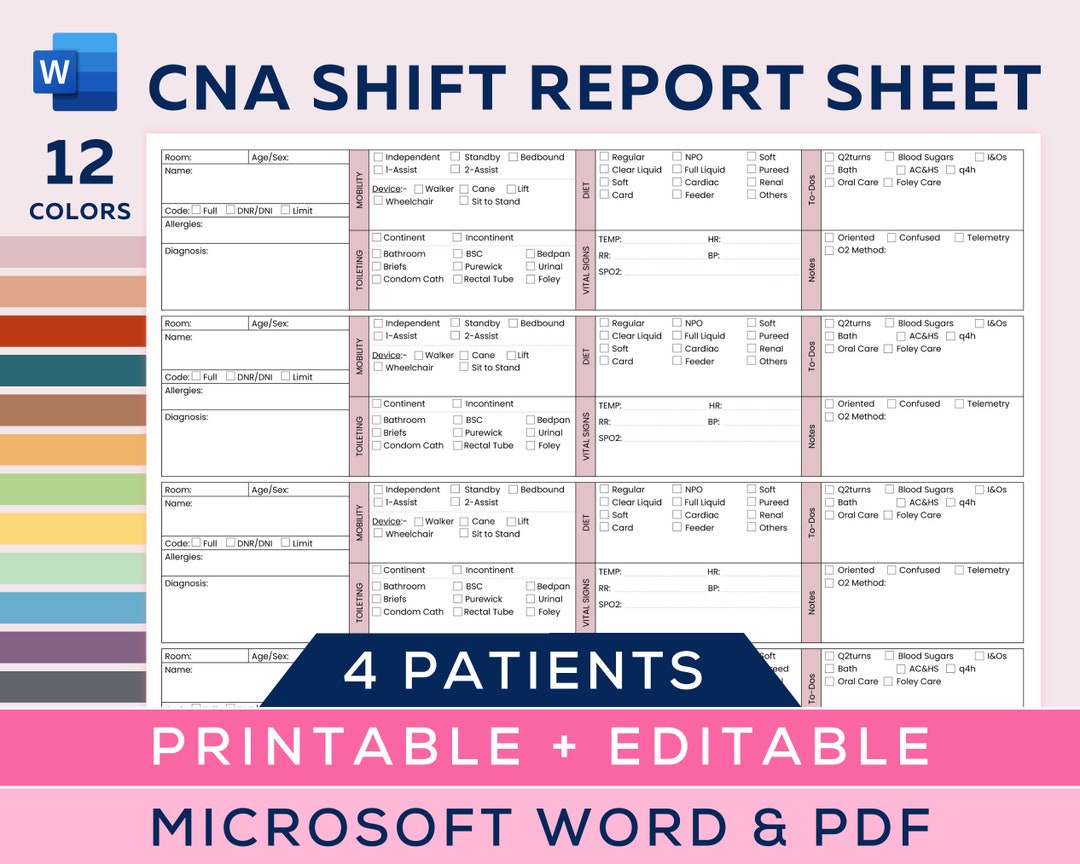 Cna shift report sheet for 4 patients checkbox version certified
