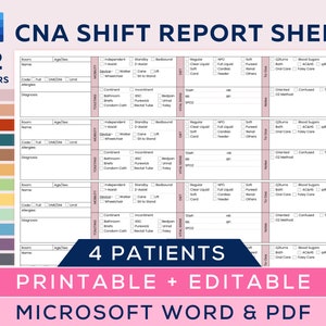 CNA Shift Report Sheet for 4 Patients Checkbox Version, Certified Nursing Assistant, Brain Sheet, Patient Care Tech, Microsoft Word, PDF
