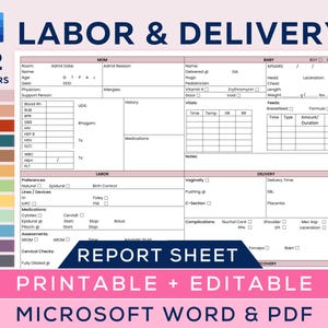 Hoja de informe cerebral de enfermería de parto y alumbramiento, 1 madre y 1 bebé, 1-2 pacientes, posparto, cambio de turno, parto y parto, editable en Microsoft Word, PDF