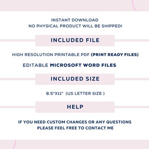 Puede incluir: Un gr&aacute;fico de descarga digital con el texto "Descarga instant&aacute;nea" y "&iexcl;No se enviar&aacute; ning&uacute;n producto f&iacute;sico!" El gr&aacute;fico tambi&eacute;n incluye el texto "Archivo incluido", "PDF imprimible de alta resoluci&oacute;n (archivos listos para imprimir)", "Archivos de Microsoft Word editables", "Tama&ntilde;o incluido", "8,5"x11" (tama&ntilde;o carta de EE. UU.)", "Ayuda", "Si necesita cambios personalizados o tiene alguna pregunta, no dude en ponerse en contacto conmigo".