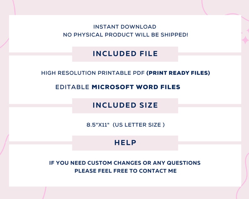 Puede incluir: Un gr&aacute;fico de descarga digital con el texto "Descarga instant&aacute;nea" y "&iexcl;No se enviar&aacute; ning&uacute;n producto f&iacute;sico!" El gr&aacute;fico tambi&eacute;n incluye el texto "Archivo incluido", "PDF imprimible de alta resoluci&oacute;n (archivos listos para imprimir)", "Archivos de Microsoft Word editables", "Tama&ntilde;o incluido", "8,5"x11" (tama&ntilde;o carta de EE. UU.)", "Ayuda", "Si necesita cambios personalizados o tiene alguna pregunta, no dude en ponerse en contacto conmigo".