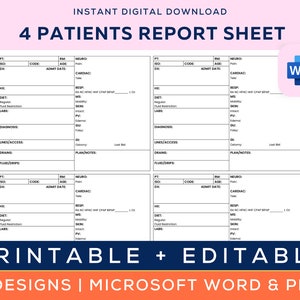 Med Surg Nurse Report Sheet | Student Nurse Report Sheet | Med Surg Nurse Brain | 4 Patients Box Version |  Microsoft Word, PDF
