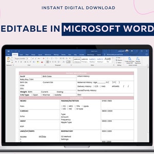 Puede incluir: Un formulario de admisi&oacute;n de paciente imprimible para un reci&eacute;n nacido, disponible para descargar digitalmente. El formulario es editable en Microsoft Word e incluye secciones para los antecedentes del paciente, las evaluaciones y la alimentaci&oacute;n/nutrici&oacute;n.