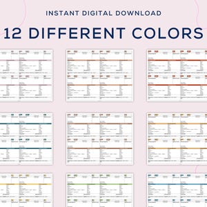 May include: Twelve different color variations of a printable planner or schedule template. The template is divided into columns and rows with lines for writing.