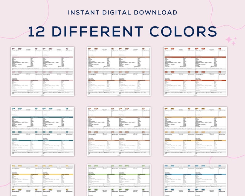 May include: Twelve different color variations of a printable planner or schedule template. The template is divided into columns and rows with lines for writing.