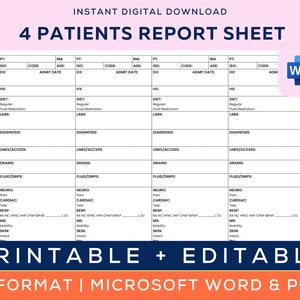 Med Surg Nurse Brain Report Sheet for 4 Patients, nurse report sheet, rn brain sheet, bedside report, Editable with Microsoft Word, PDF