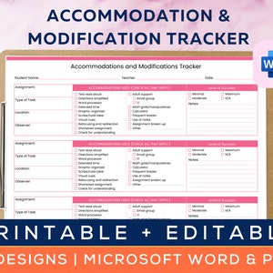 Accommodation & Modification Tracker for Special Education, Classroom Management, School Psychology - EDITABLE Microsoft Word, PDF
