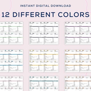 May include: Twelve different color variations of a printable planner or schedule template. The template has columns for each day of the week and rows for different times of the day. The template is designed to help users organize their time and schedule appointments.