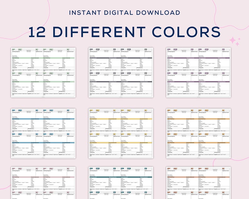 May include: Twelve different color variations of a printable planner or schedule template. The template has columns for each day of the week and rows for different times of the day. The template is designed to help users organize their time and schedule appointments.