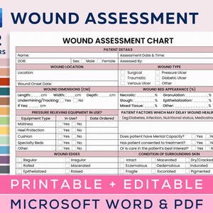 Cuadro de tratamiento integral de heridas para enfermeras, plan de cuidado de heridas, cuidado médico de heridas, formulario de cuidado de la piel, PDF imprimible y plantilla de WORD editable