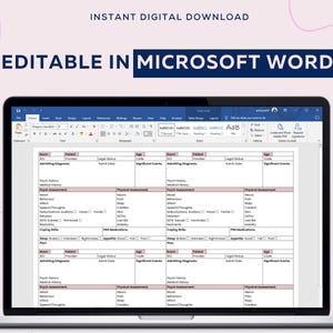 May include: A screenshot of a Microsoft Word document with a table for patient intake. The table includes columns for room number, patient, provider, legal status, admit date, age, code, significant events, admitting diagnosis, psych history, psych assessment, physical assessment, coping skills, and PRN medications.