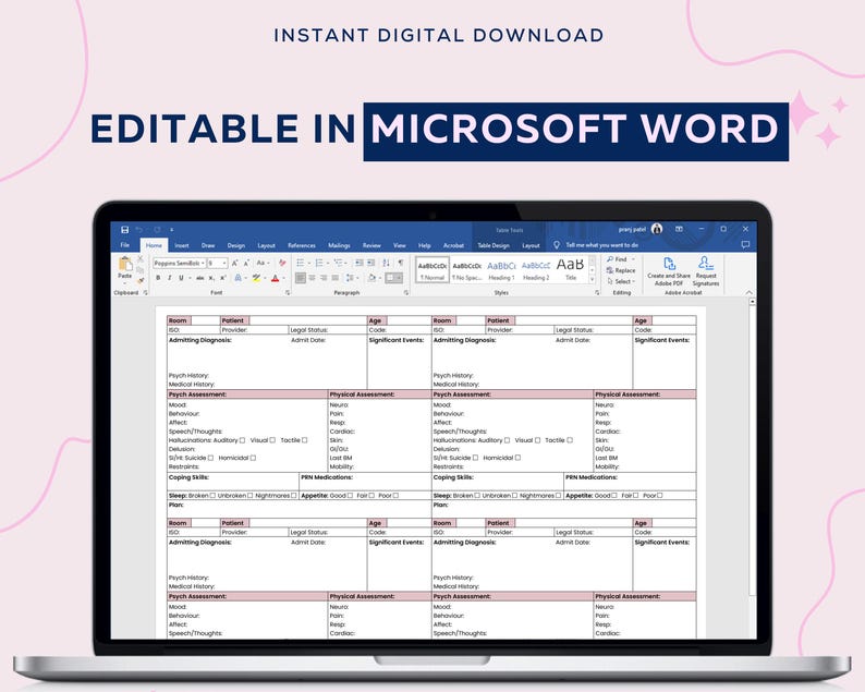 May include: A screenshot of a Microsoft Word document with a table for patient intake. The table includes columns for room number, patient, provider, legal status, admit date, age, code, significant events, admitting diagnosis, psych history, psych assessment, physical assessment, coping skills, and PRN medications.