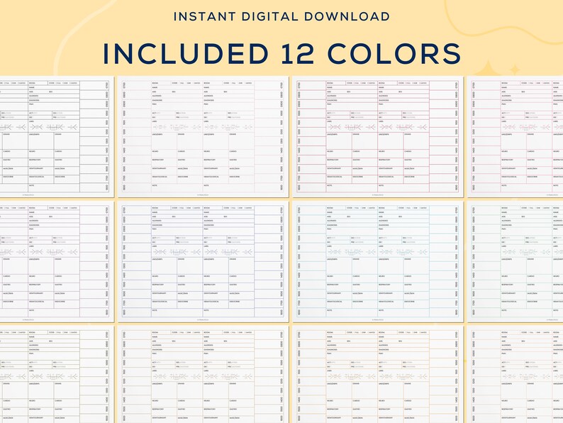 May include: Twelve printable weekly planner pages in different colors. Each page has a space for the week's date, a to-do list, and a section for notes. The pages are designed to help you stay organized and on track.