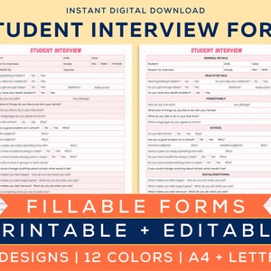 Formulario de entrevista estudiantil / Consejero escolar / Formularios de psicólogo escolar / Psicología escolar / Imprimible, editable y rellenable / A4 y carta