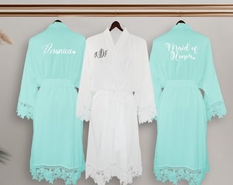 Personalized Set of 2|3|4|5|6|7|8|9|10 Robes Cotton Lace Robe Bridesmaid Proposal Bridesmaid Robes Wedding Robes Bridal Party Robes Bride