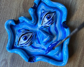 Blue Wave Heart Face Incense Burner / Ashtray / handmade