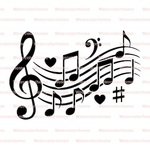 Puede incluir: Diseño en blanco y negro de notas y símbolos musicales. La imagen presenta una clave de sol, notas musicales, una clave de fa, corazones y un sostenido. El diseño está sobre un fondo blanco, creando un contraste llamativo.