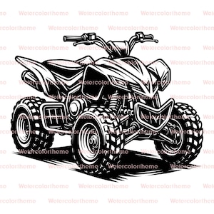 May include: Monochrome illustration of an ATV, a four-wheeled all-terrain vehicle. The ATV features large, chunky tyres, a seat, handlebars, and a front bumper. The design is detailed, with shadows and highlights.