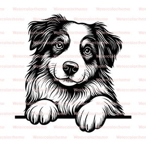 May include: Black and white illustration of a dog with a friendly expression. The dog's paws rest on a horizontal line, and the image has a watercolor theme.