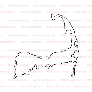 Może przedstawiać: Czarny kontur półwyspu Cape Cod, Massachusetts, na białym tle. Kształt jest szczegółowy, pokazujący krzywizny linii brzegowej i haczykowaty kształt przylądka. Obraz ma minimalistyczny design.