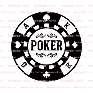 Può includere: Design di fiches da poker in bianco e nero con la parola "POKER" al centro. La fiches presenta simboli di semi di carte e le lettere A, K e Q. Un elemento decorativo circonda la parola "POKER".