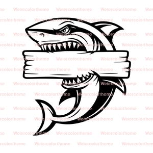 Puede incluir: Gráfico en blanco y negro de dos tiburones con la boca abierta, sosteniendo un letrero de madera. Los tiburones tienen dientes afilados y se enfrentan. El letrero está en blanco.