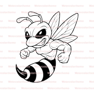 May include: Black and white cartoon illustration of an angry bee with clenched fists and a determined expression. The bee has a striped abdomen and detailed wings, conveying a sense of strength and determination. The image is a vector graphic.