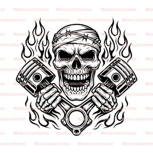 May include: Black and white graphic of a skull wearing a barbed wire headband, holding two pistons. Flames surround the skull and pistons. The design is a bold illustration, perfect for biker or automotive themes.