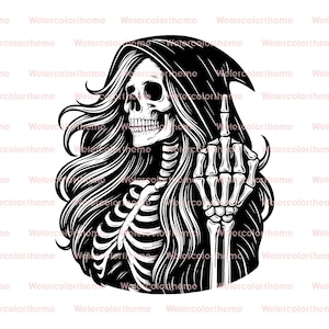Parca femenina SVG, mujer segadora SVG, parca SVG, segadora del borde SVG, cráneo del dedo medio SVG, esqueleto del dedo medio SVG