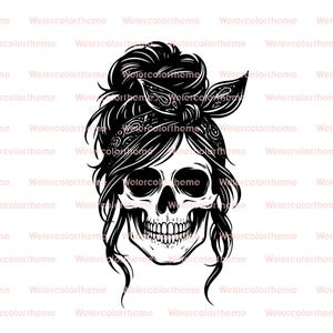 Caveira de menina com coque bagunçado Svg, vetor de caveira com coque bagunçado, arquivo de corte de caveira com coque bagunçado, arquivo svg de caveira com coque bagunçado, caveira com coque bagunçado png
